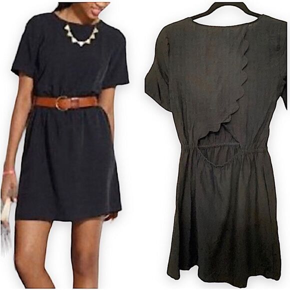 Madewell Black Scenic View Scallop open Back Dress 100% silk short sleeve XS - Picture 1 of 11